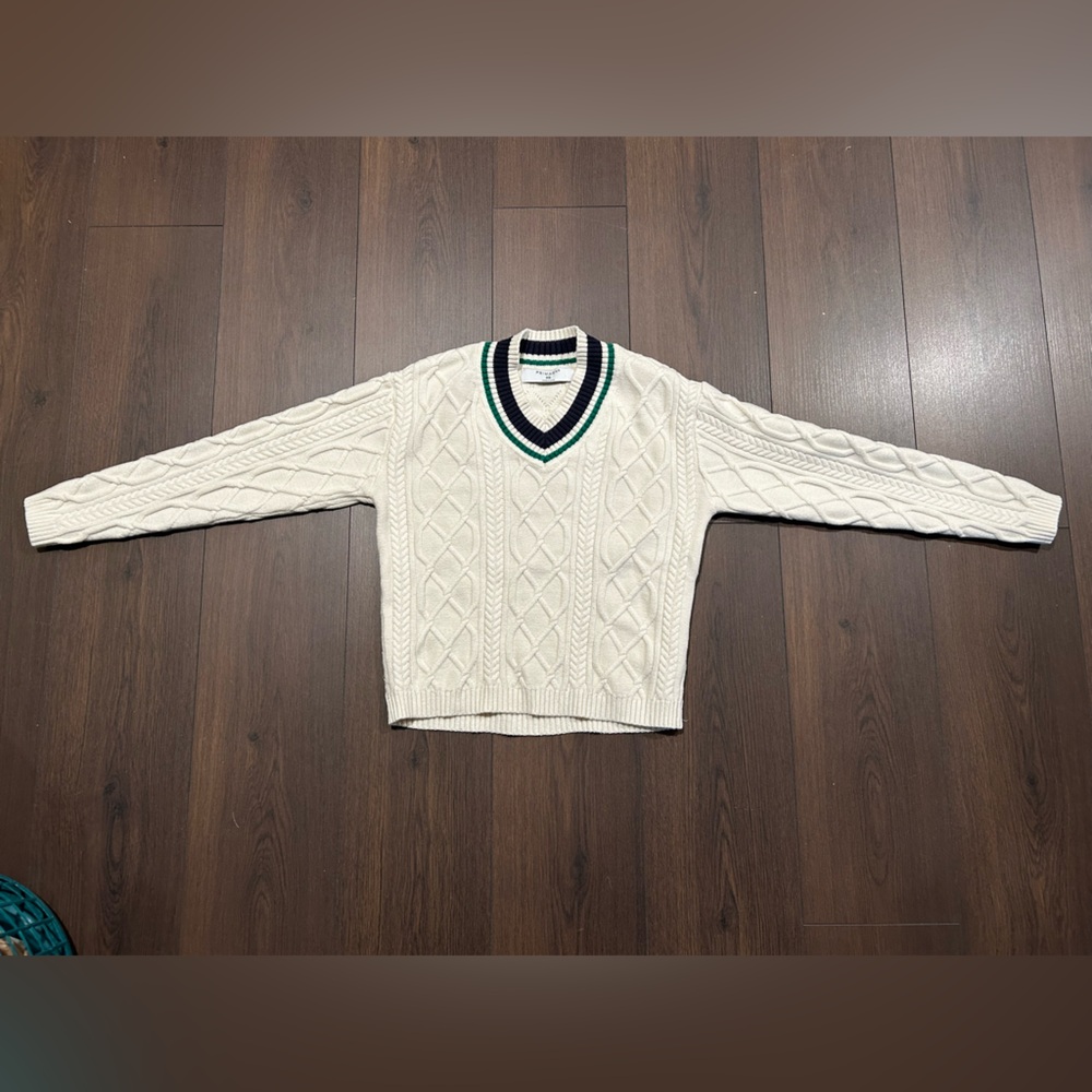 Primark Women’s V-Neck Sweater in Cream with Green and Navy Accents